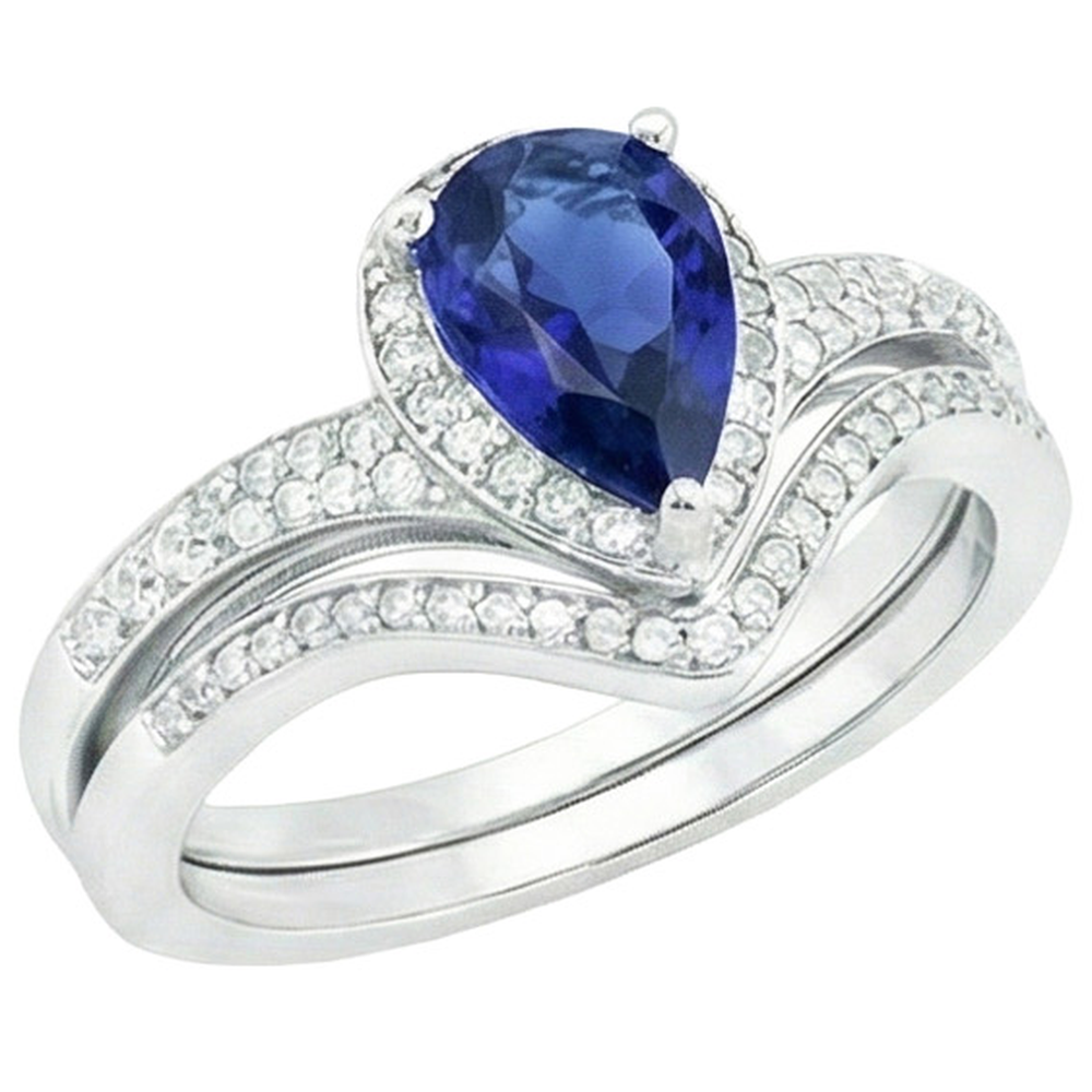 Anello di fidanzamento con zaffiro di Ceylon a forma di pera da 2,75 carati e diamante in oro bianco 14K