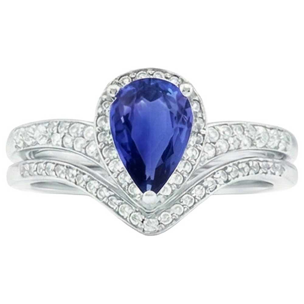 Anello di fidanzamento con zaffiro di Ceylon a forma di pera da 2,75 carati e diamante in oro bianco 14K