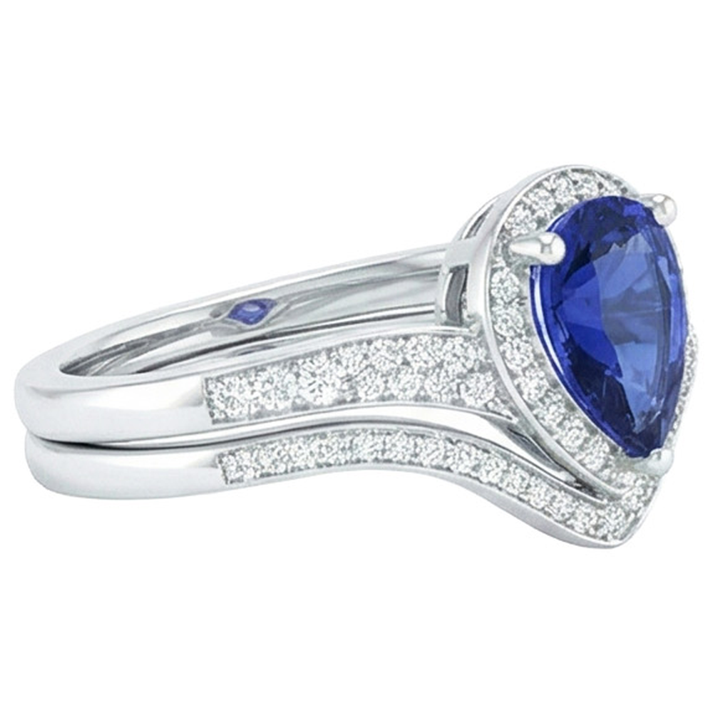 Anello di fidanzamento con zaffiro di Ceylon a forma di pera da 2,75 carati e diamante in oro bianco 14K