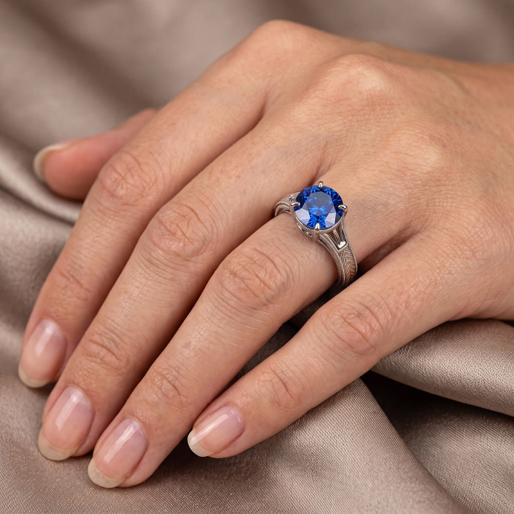 Anello di fidanzamento con zaffiro solitario blu 2 carati in filigrana stile vintage