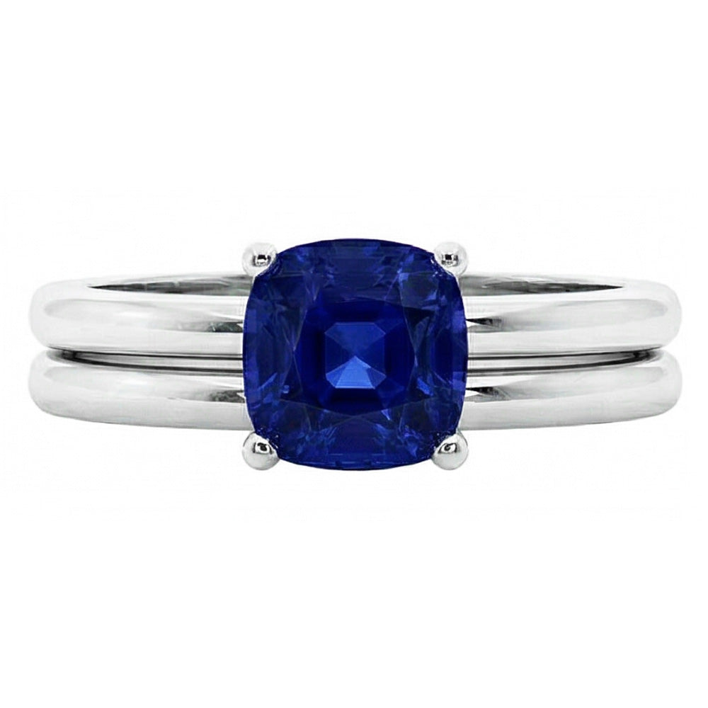Anello di fidanzamento cuscino solitario blu zaffiro set 1 carato con 14K bianco