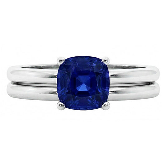 Anello di fidanzamento cuscino solitario blu zaffiro set 1 carato con 14K bianco