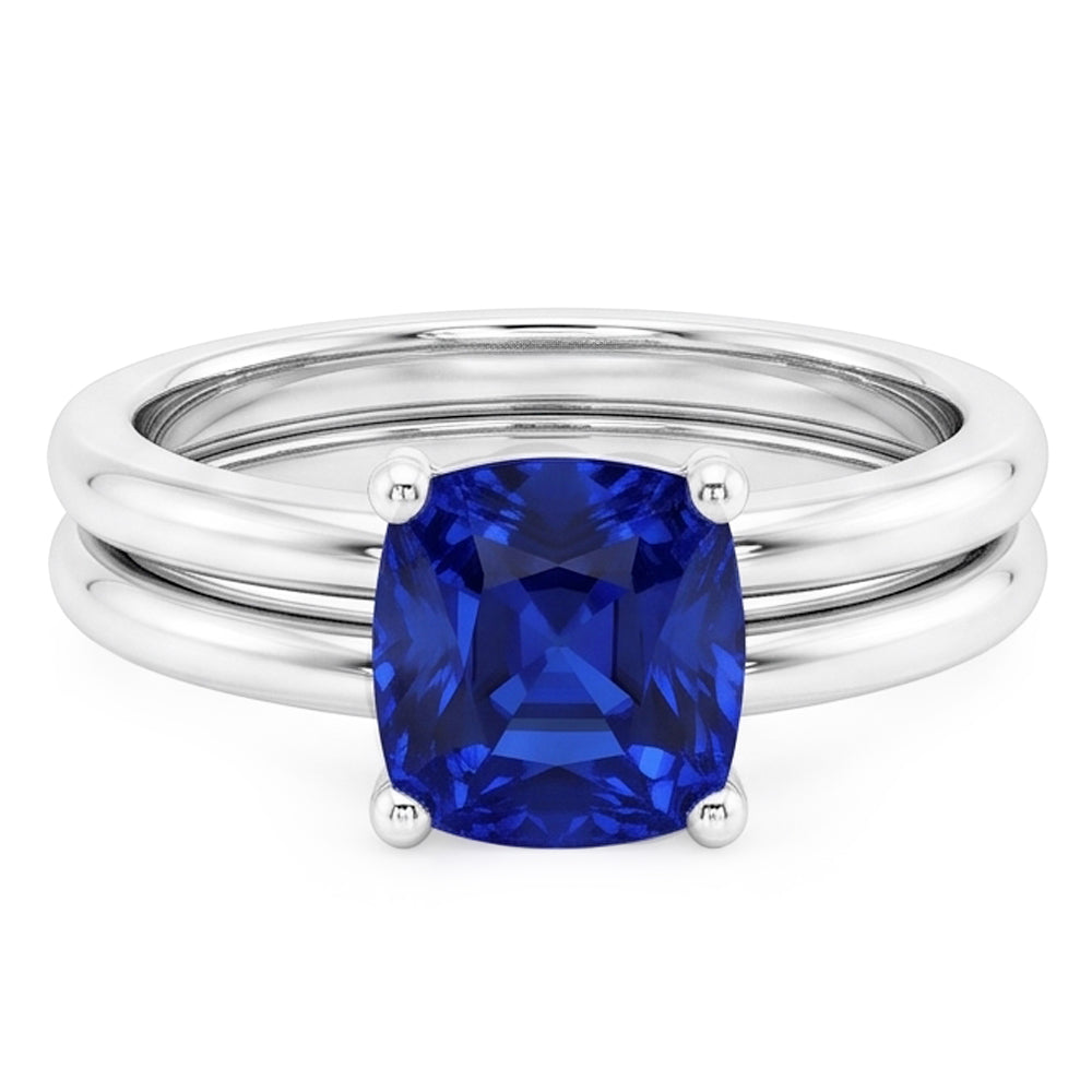 Anello di fidanzamento cuscino solitario blu zaffiro set 1 carato con 14K bianco