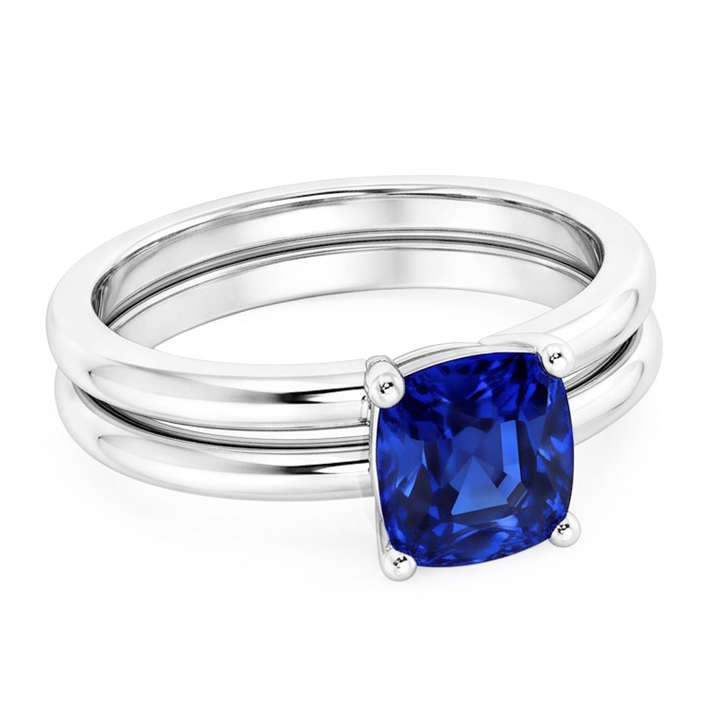 Anello di fidanzamento cuscino solitario blu zaffiro set 1 carato con 14K bianco