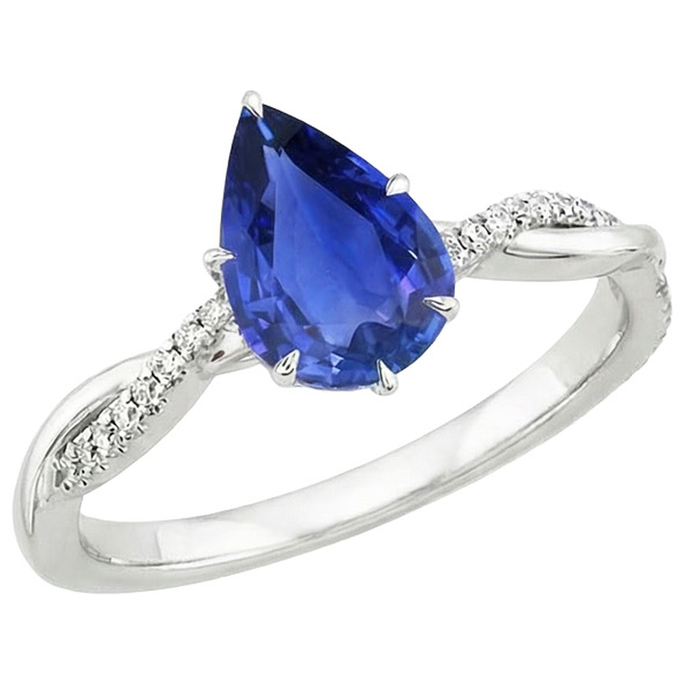 Anello di fidanzamento da donna con diamante e pera. zaffiro blu. oro bianco 5 carati