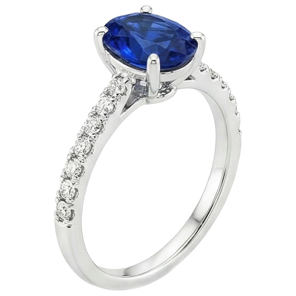 Anello di fidanzamento da donna con zaffiro blu e pavé di diamanti 5.25 carati