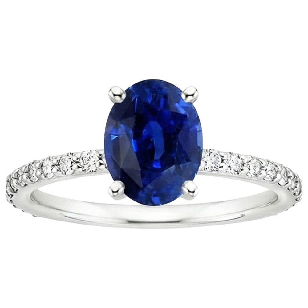 Anello di fidanzamento da donna con zaffiro blu e pavé di diamanti 5.25 carati