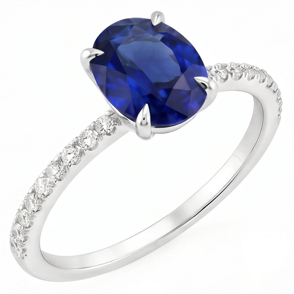 Anello di fidanzamento da donna con zaffiro blu ovale e accenti di diamante 4 carati
