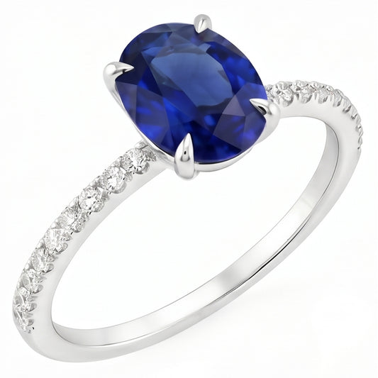 Anello di fidanzamento da donna con zaffiro blu ovale e accenti di diamante 4 carati