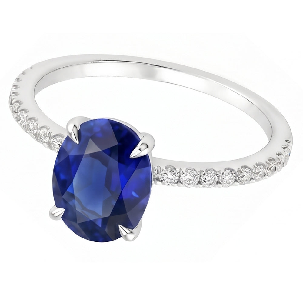 Anello di fidanzamento da donna con zaffiro blu ovale e accenti di diamante 4 carati