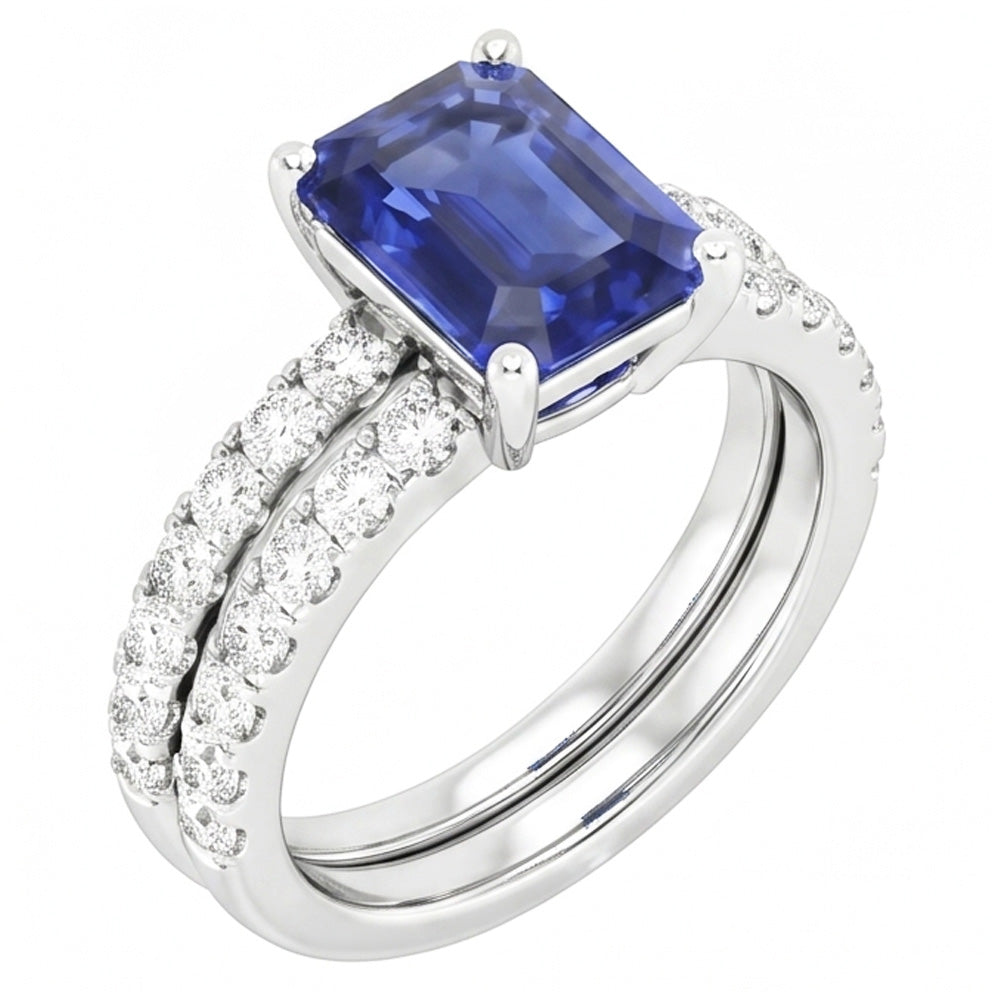 Anello di fidanzamento da donna con zaffiro blu taglio smeraldo 3 carati e diamante