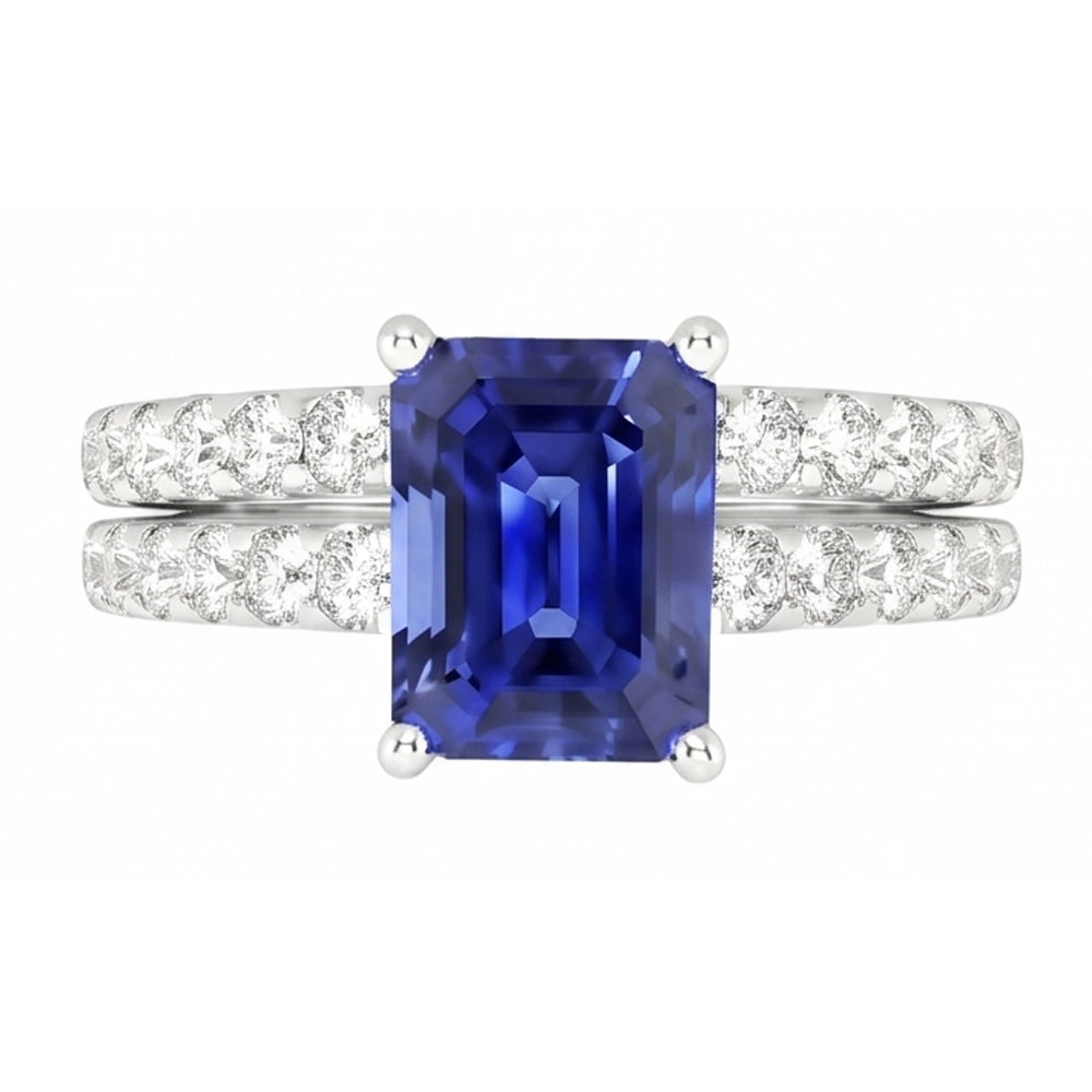 Anello di fidanzamento da donna con zaffiro blu taglio smeraldo 3 carati e diamante