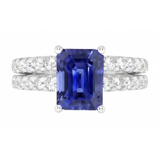 Anello di fidanzamento da donna con zaffiro blu taglio smeraldo 3 carati e diamante