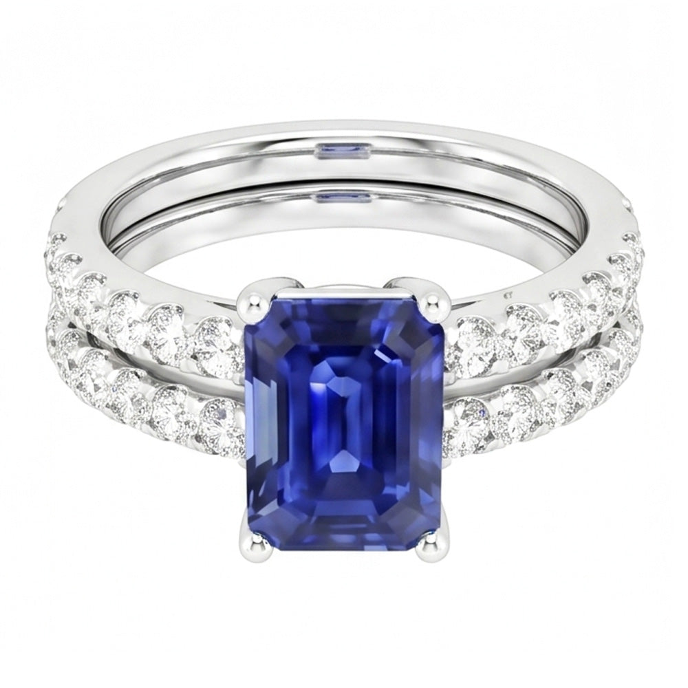 Anello di fidanzamento da donna con zaffiro blu taglio smeraldo 3 carati e diamante