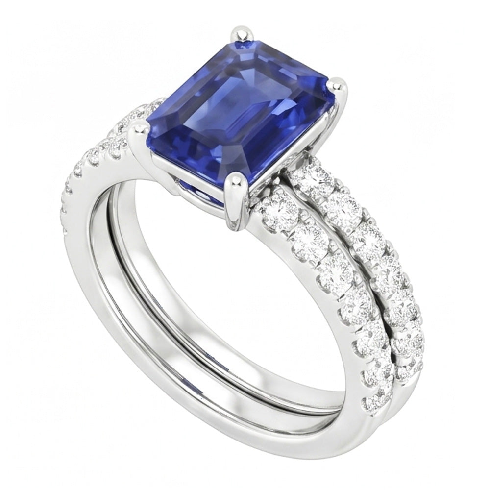 Anello di fidanzamento da donna con zaffiro blu taglio smeraldo 3 carati e diamante