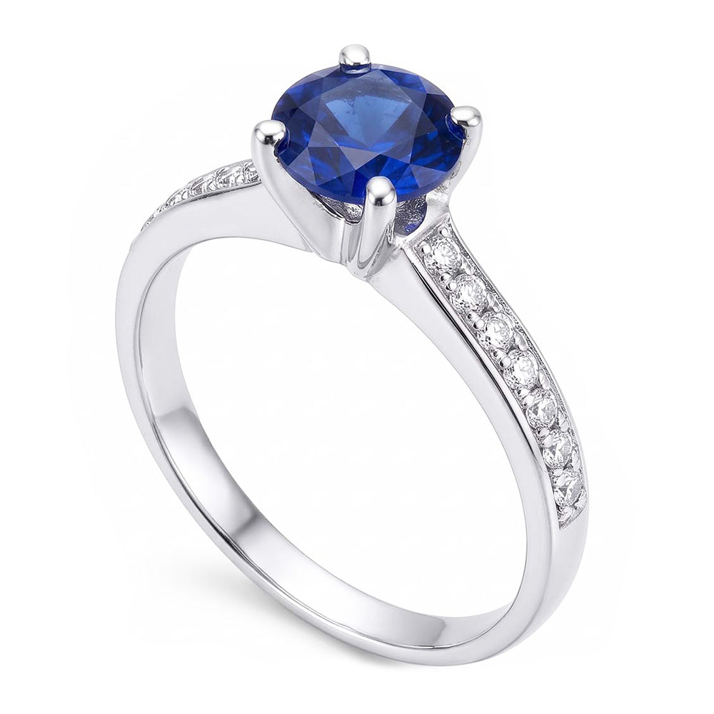 Anello di fidanzamento da donna con zaffiro da 2,50 carati accentato con diamante rotondo