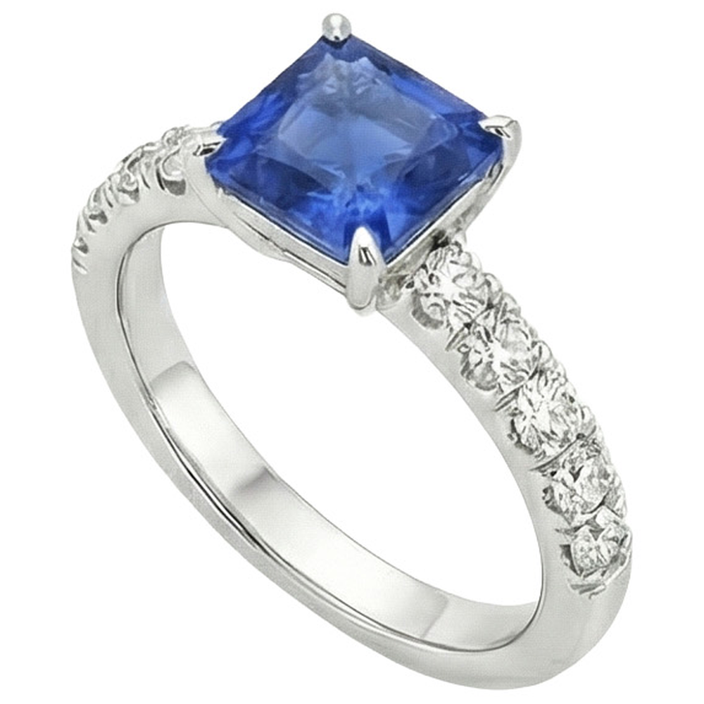 vero asscher zaffiro 2.75carati anello dettaglio ravvicinato