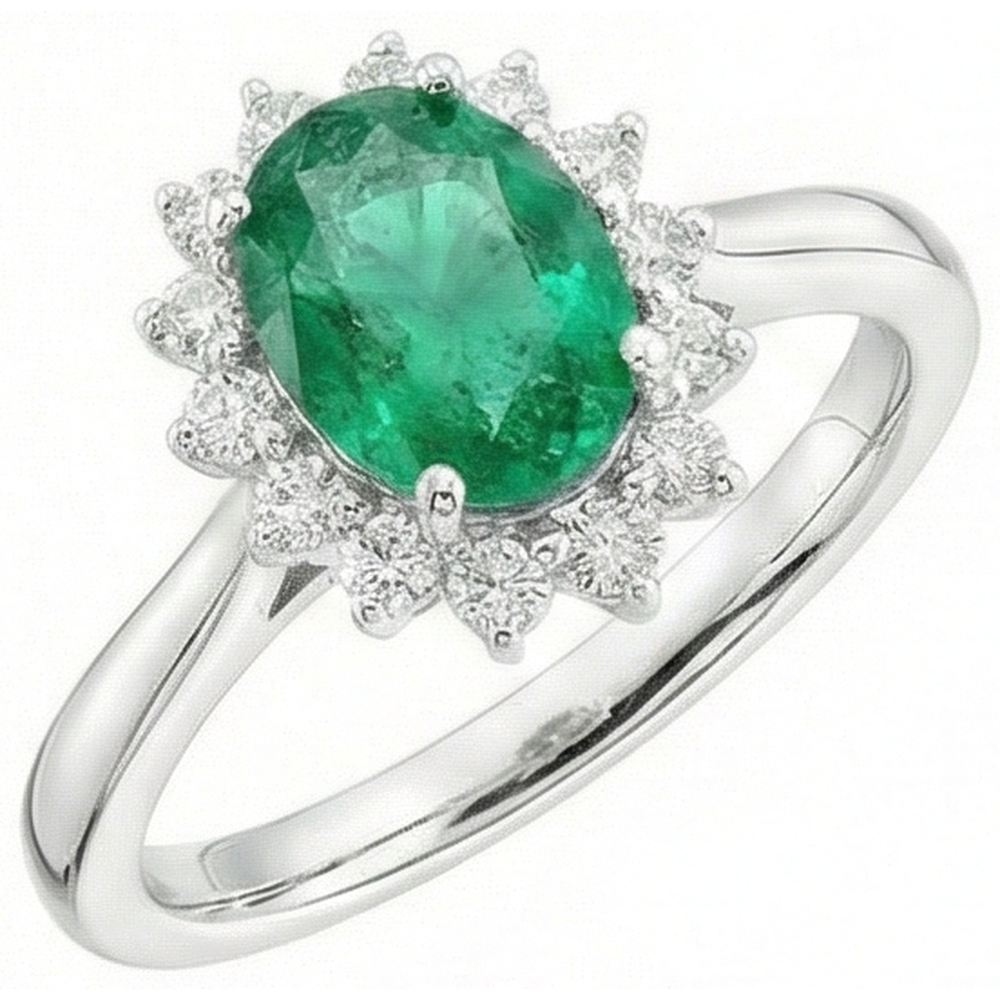 Anello di fidanzamento in oro bianco 14K con smeraldo verde e diamanti da 6,75 carati