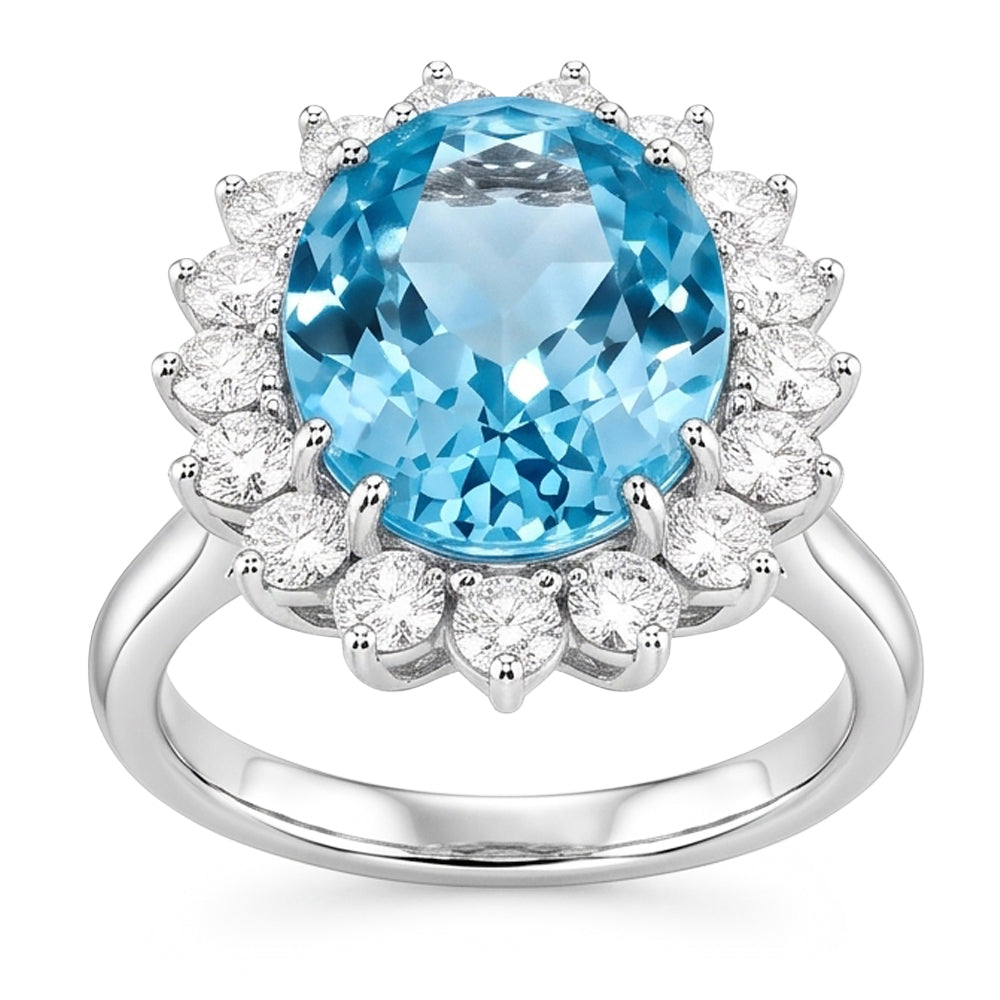 Anello di fidanzamento in oro bianco 14k con acquamarina e diamanti 9 ct