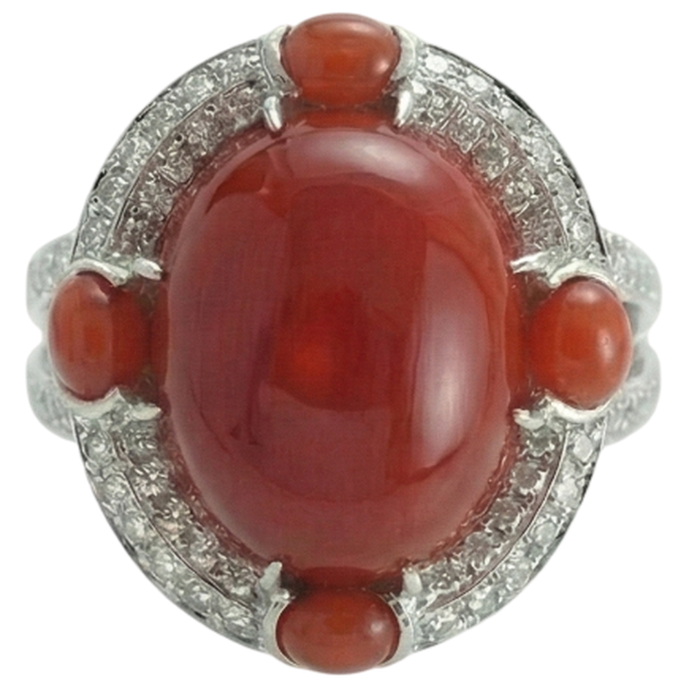 Anello di fidanzamento in oro bianco 14k con corallo naturale e diamanti da 10 ct