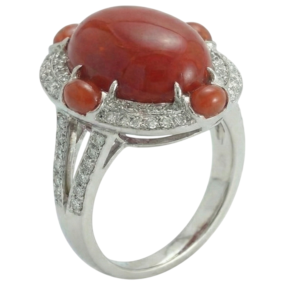 Anello di fidanzamento in oro bianco 14k con corallo naturale e diamanti da 10 ct