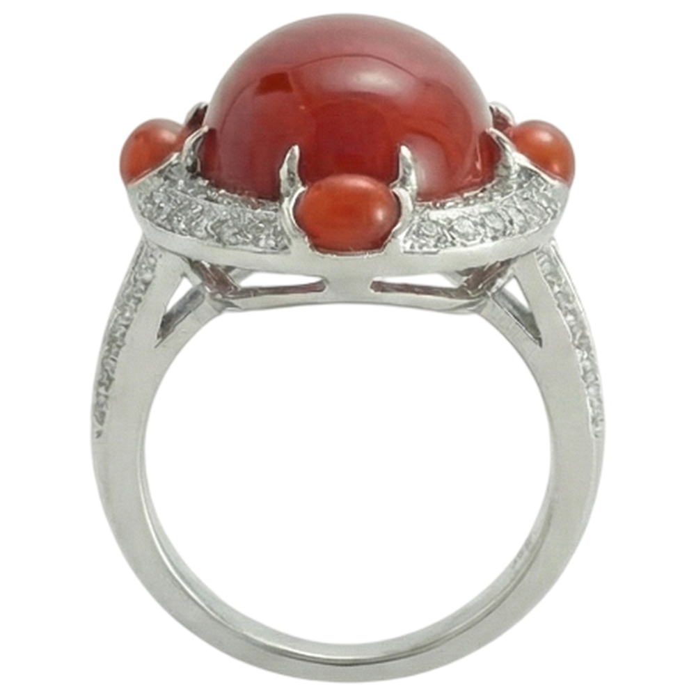 Anello di fidanzamento in oro bianco 14k con corallo naturale e diamanti da 10 ct