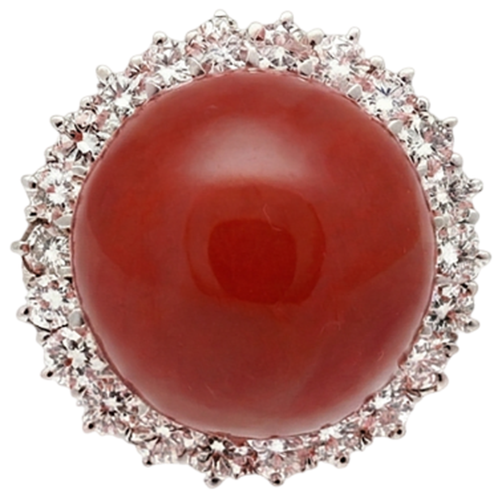 Anello di fidanzamento in oro bianco 14k con corallo rosso grande e diamanti da 15.25 ct