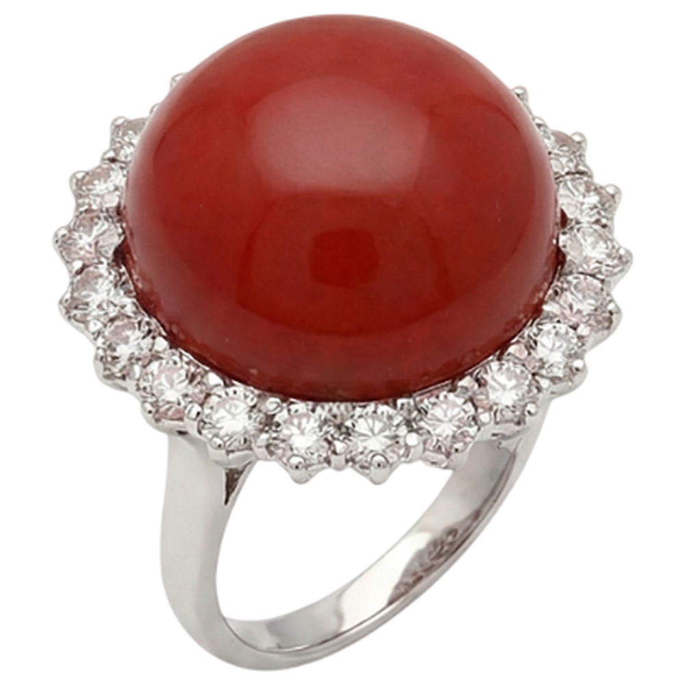 Anello di fidanzamento in oro bianco 14k con corallo rosso grande e diamanti da 15.25 ct