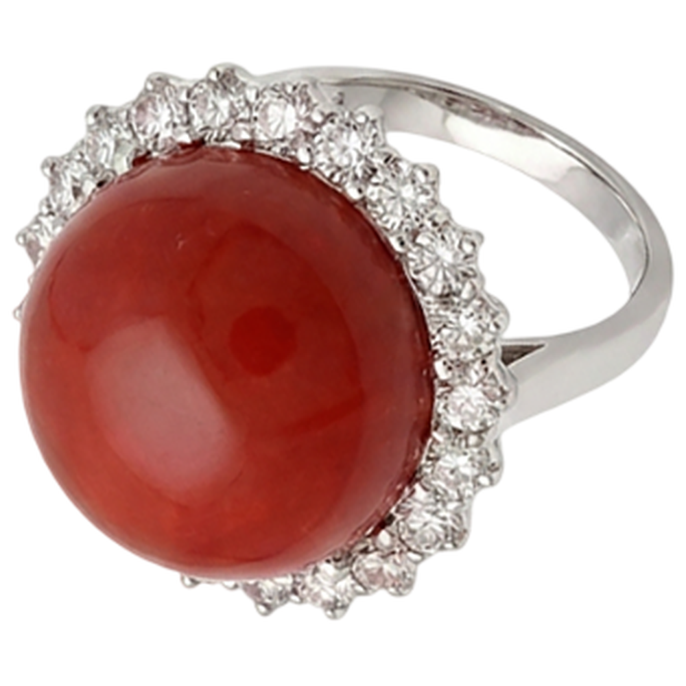 Anello di fidanzamento in oro bianco 14k con corallo rosso grande e diamanti da 15.25 ct