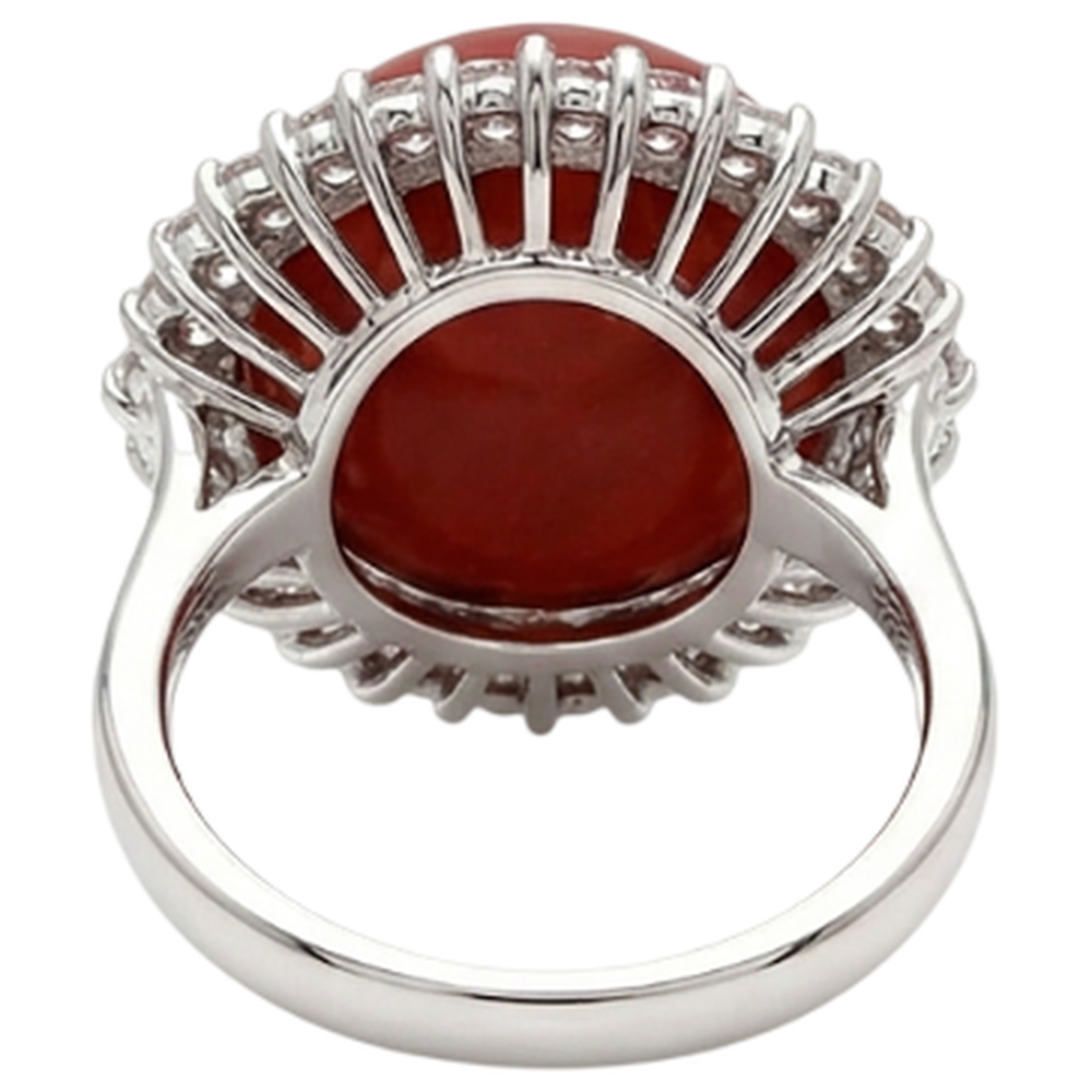Anello di fidanzamento in oro bianco 14k con corallo rosso grande e diamanti da 15.25 ct