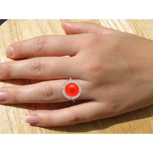 Anello di fidanzamento in oro bianco 14 kt con corallo rosso grande e diamanti da 15.25 ct - harrychadent.it