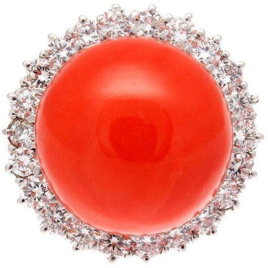 Anello di fidanzamento in oro bianco 14 kt con corallo rosso grande e diamanti da 15.25 ct - harrychadent.it