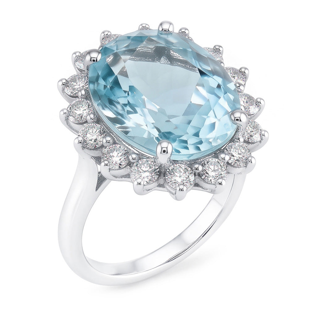 Anello di fidanzamento in oro bianco con acquamarina rotonda e diamanti da 11.50 ct