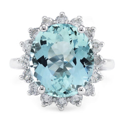 Anello di fidanzamento in oro bianco con acquamarina rotonda e diamanti da 11.50 ct