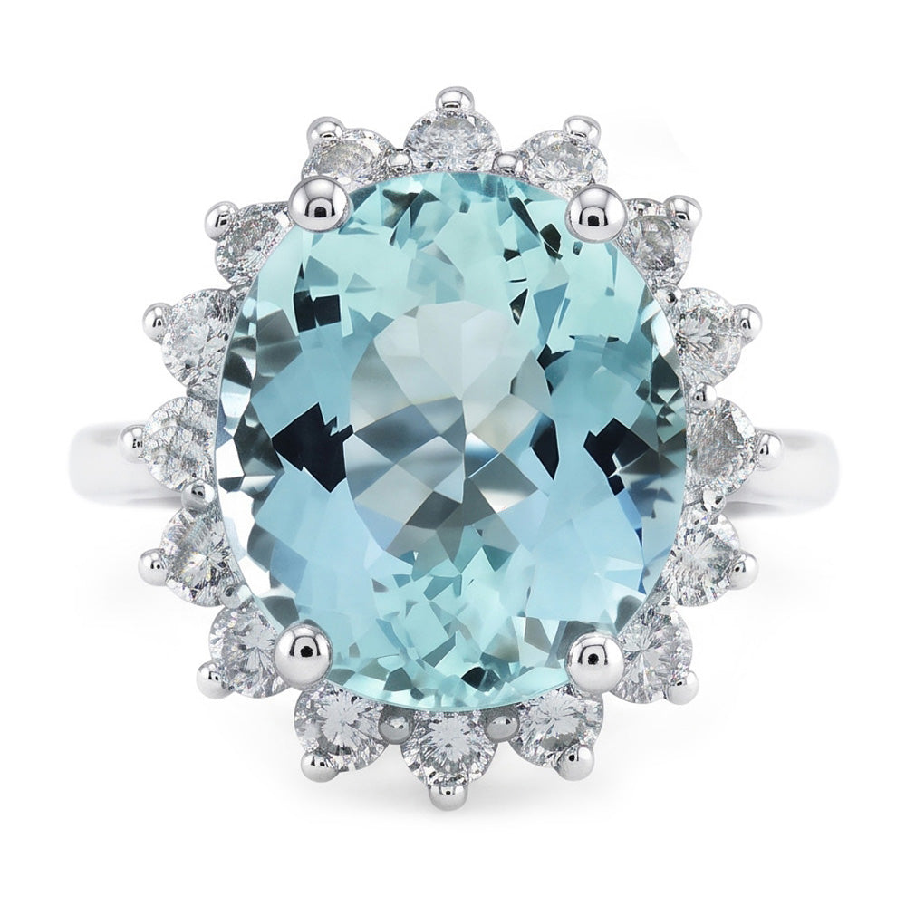 Anello di fidanzamento in oro bianco con acquamarina rotonda e diamanti da 11.50 ct