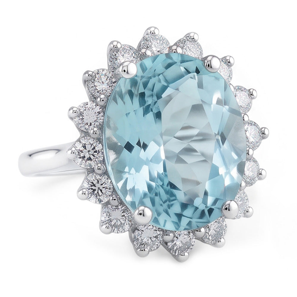 Anello di fidanzamento in oro bianco con acquamarina rotonda e diamanti da 11.50 ct