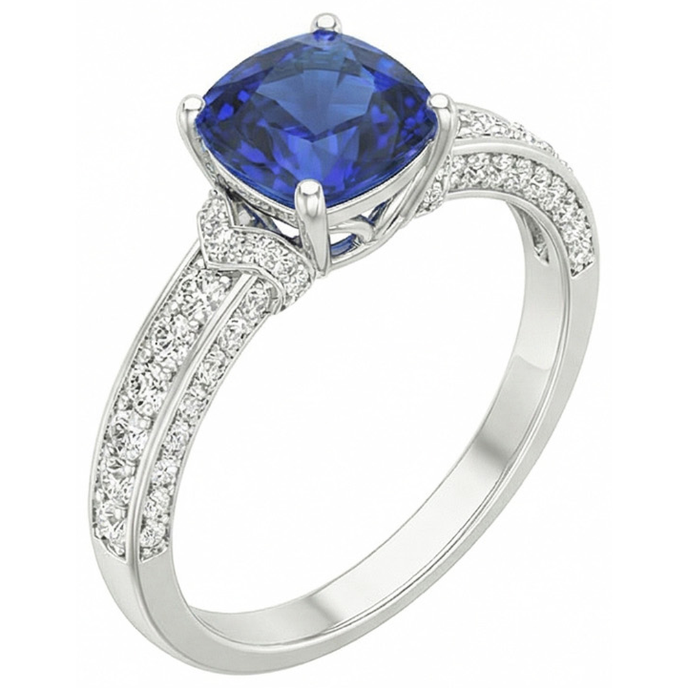 Anello di fidanzamento in oro bianco con diamante e zaffiro blu. 3.50 carati