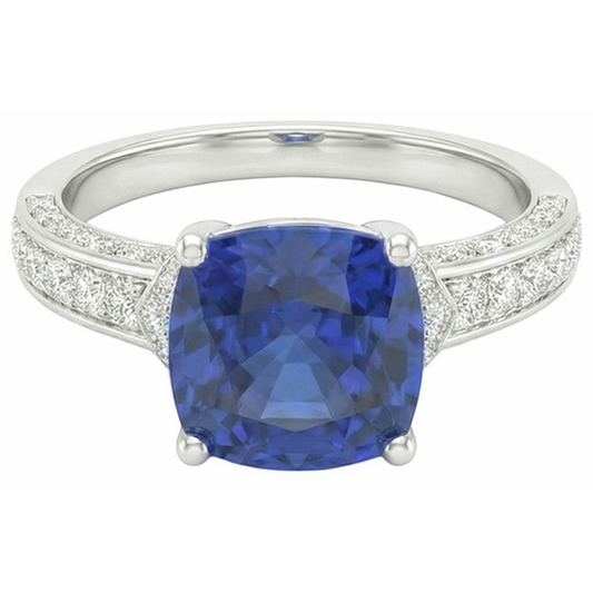 Anello di fidanzamento in oro bianco con diamante e zaffiro blu. 3.50 carati