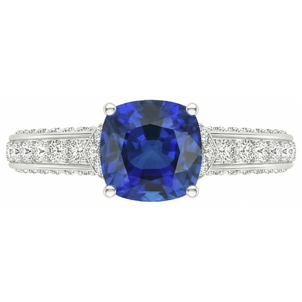 Anello di fidanzamento in oro bianco con diamante e zaffiro blu. 3.50 carati