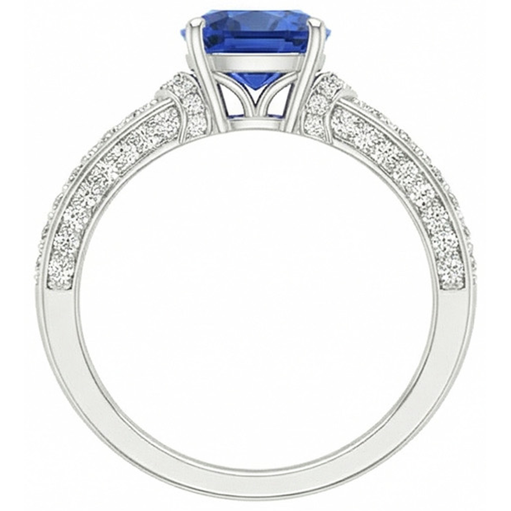 Anello di fidanzamento in oro bianco con diamante e zaffiro blu. 3.50 carati