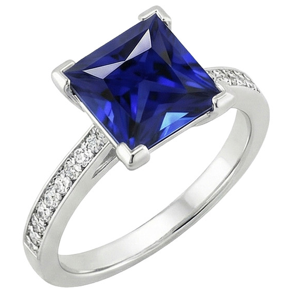 Anello di fidanzamento in oro bianco con zaffiro blu principessa e diamante 4 carati