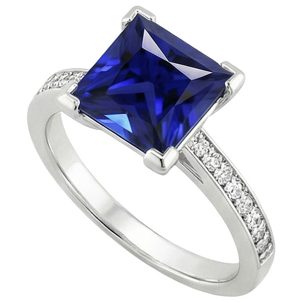 Anello di fidanzamento in oro bianco con zaffiro blu principessa e diamante 4 carati