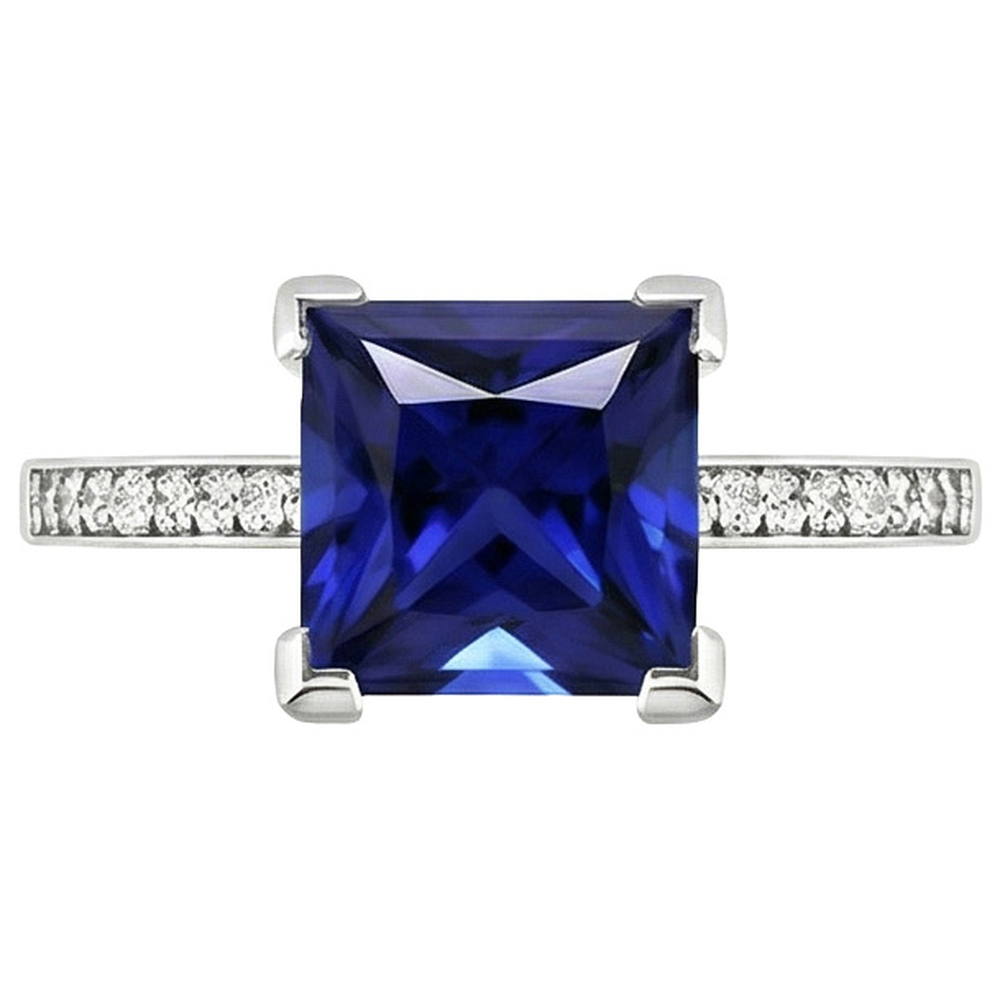 Anello di fidanzamento in oro bianco con zaffiro blu principessa e diamante 4 carati