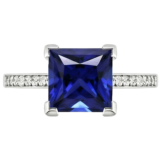 Anello di fidanzamento in oro bianco con zaffiro blu principessa e diamante 4 carati