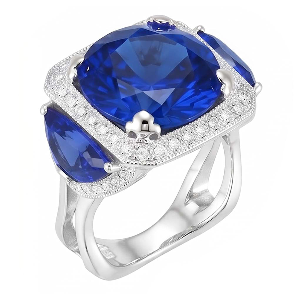 Anello di fidanzamento in oro con zaffiro di Ceylon Diamanti Naturali Autentici ( non creati in laboratorio ) rotondi 6 ct.