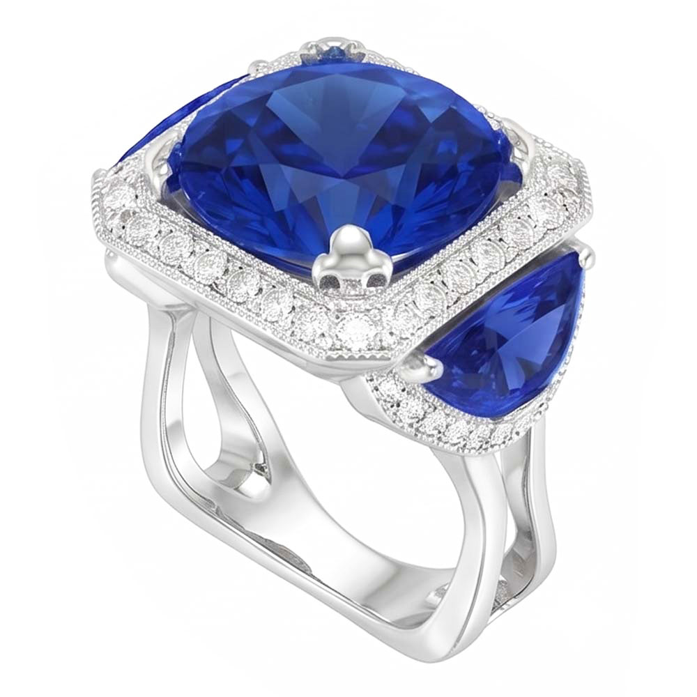 Anello di fidanzamento in oro con zaffiro di Ceylon Diamanti Naturali Autentici ( non creati in laboratorio ) rotondi 6 ct.