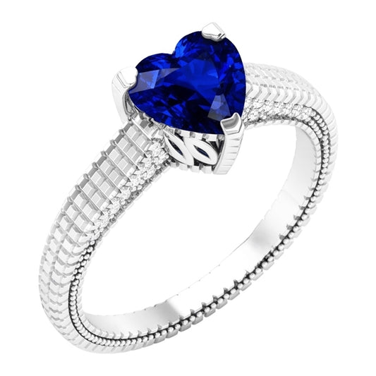 Anello di fidanzamento in stile antico con diamante a cuore blu zaffiro da 1,75 carati in oro bianco 14K
