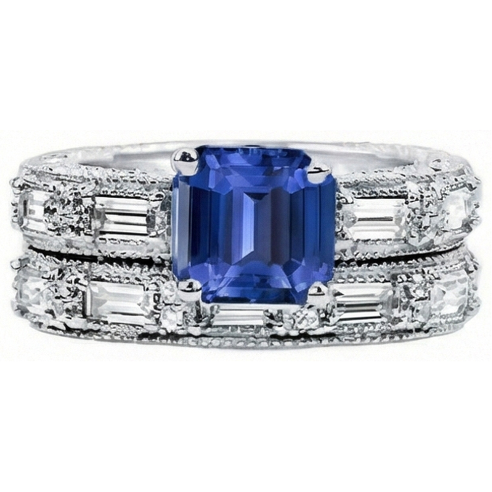 Anello di fidanzamento in stile antico con diamante smeraldo e zaffiro set 4.50 carati