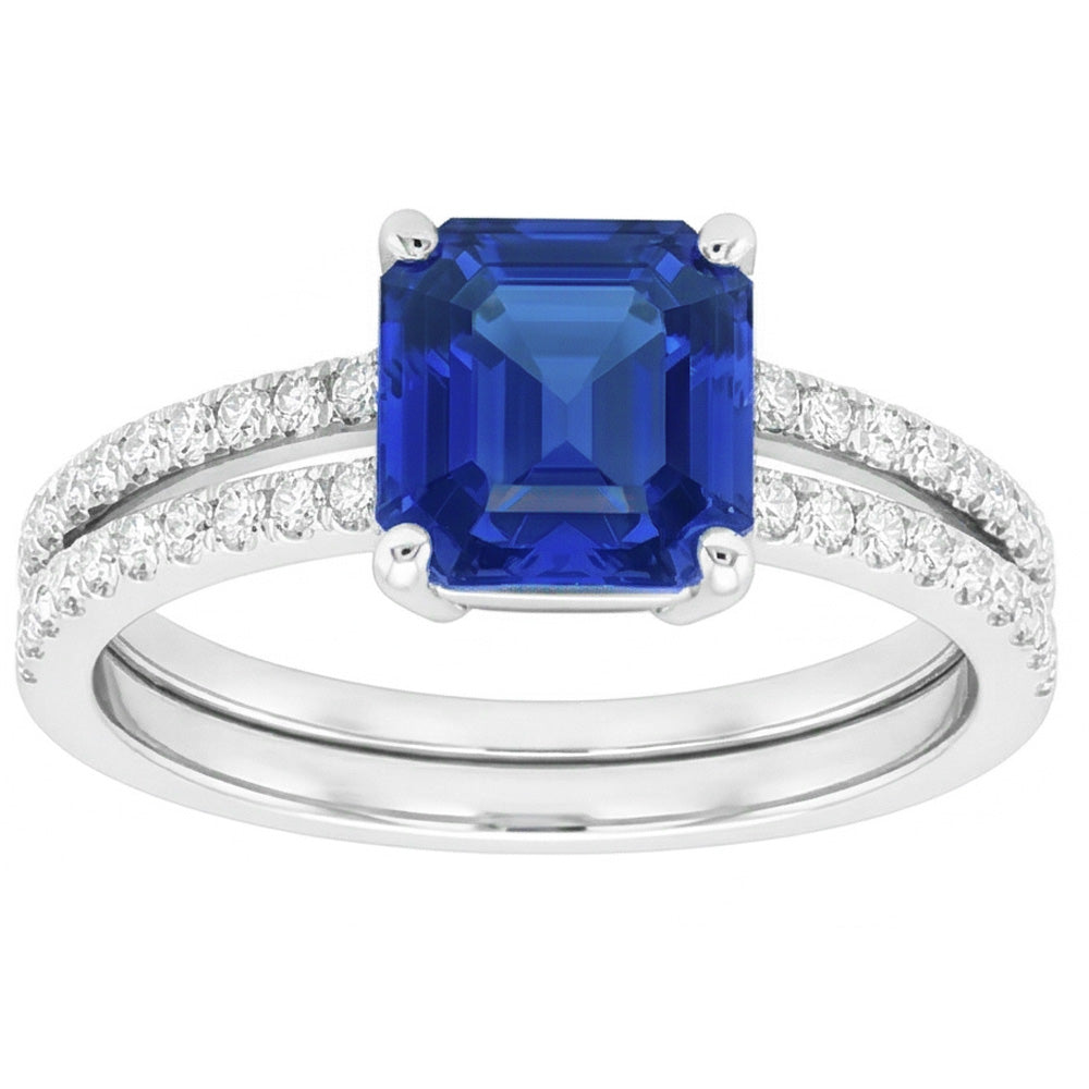 Anello di fidanzamento in zaffiro blu con taglio Asscher in oro bianco 14K 3 carati