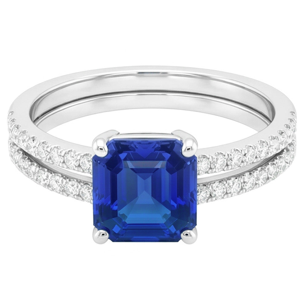 Anello di fidanzamento in zaffiro blu con taglio Asscher in oro bianco 14K 3 carati